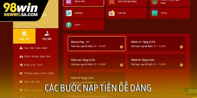Các bước nạp tiền dễ dàng