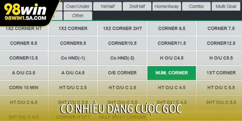 Có nhiều dạng cược góc