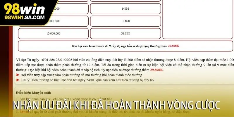 Nhận ưu đãi khi đã hoàn thành vòng cược